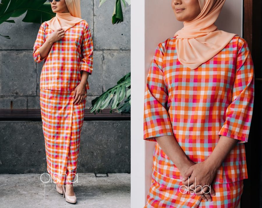 Orange Plaid Kurung Set