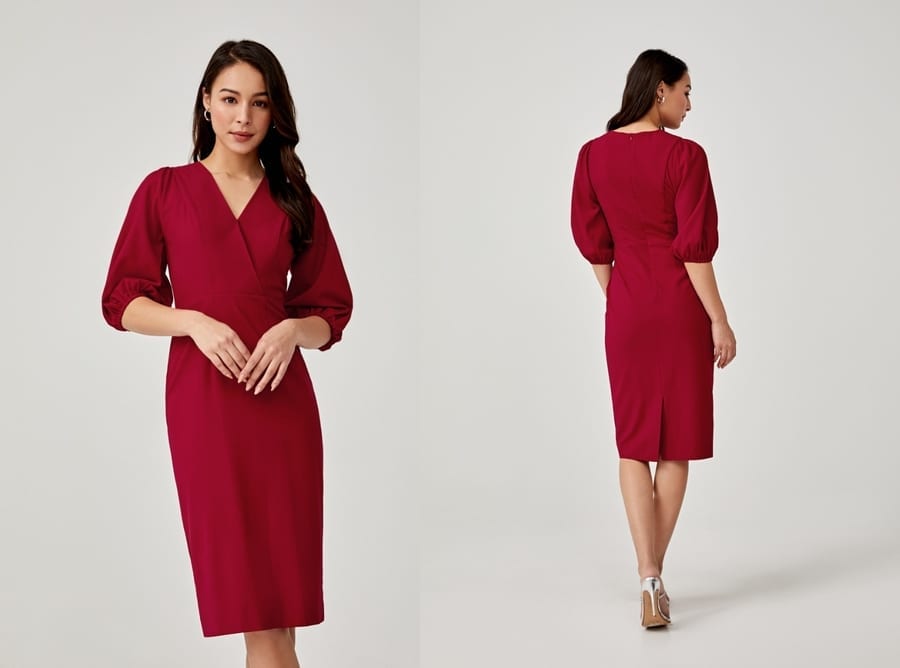 Puff Sleeve Midi Red Dress