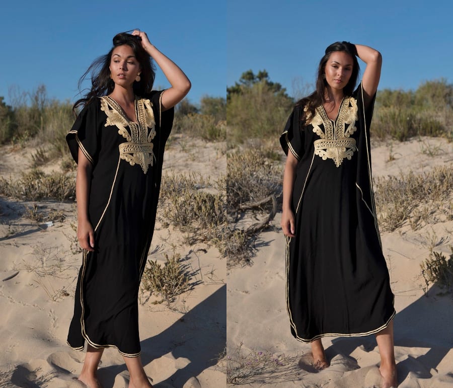 Black Kaftan Dress With Gold Accents