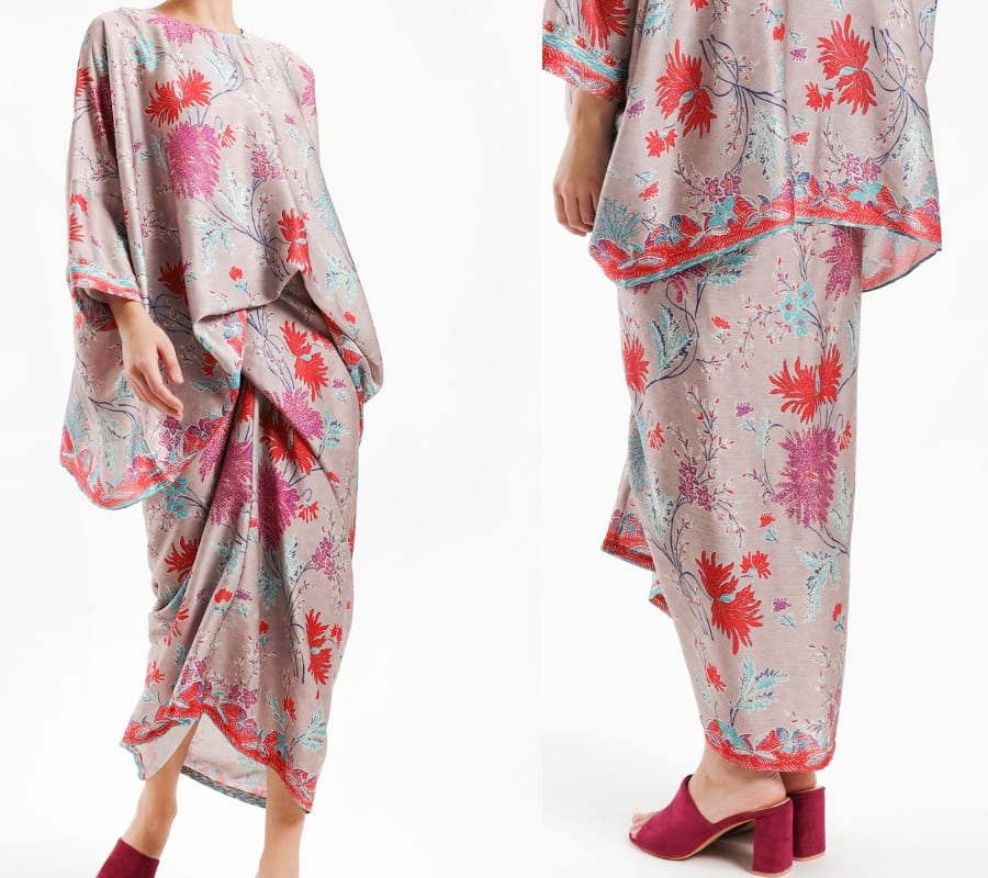 Red Cocoon Floral Kurung Set