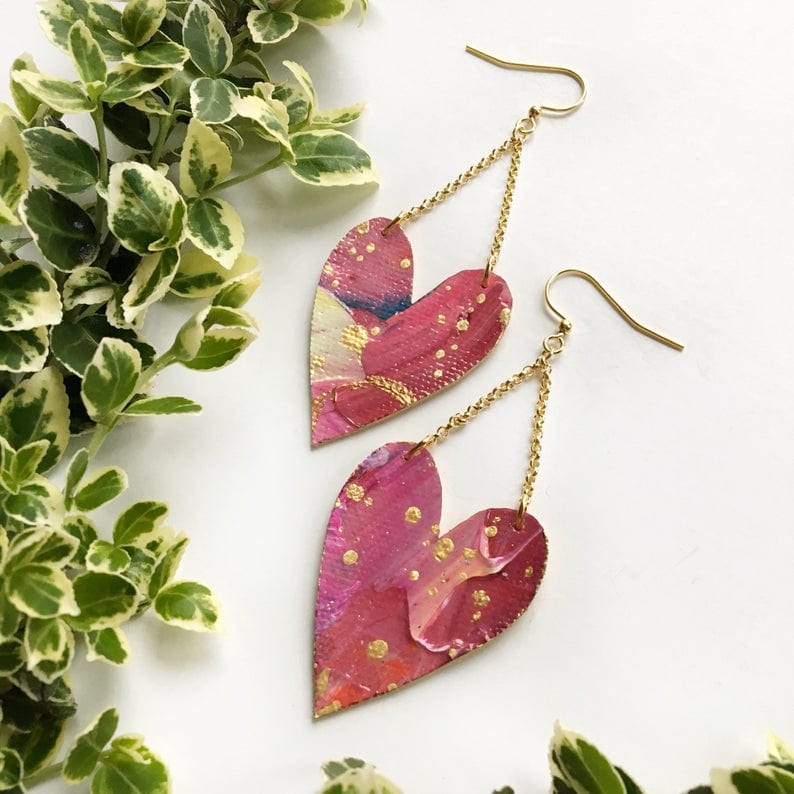 Gold Pink Heart Drop Cloth Earrings