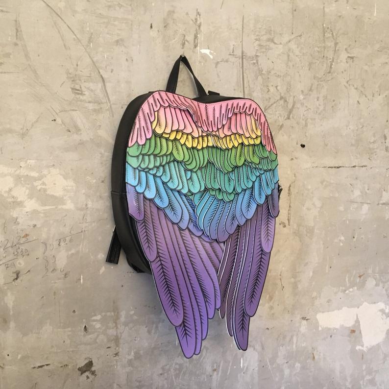 Rainbow leather backpack with angel 2024 wings