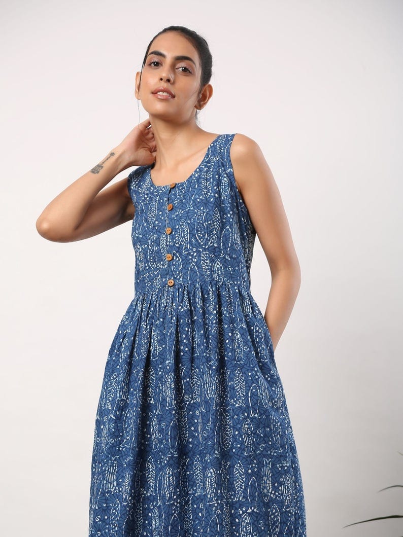 Block printed sleeveless cotton dress with stitch details