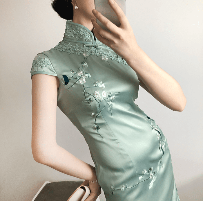 Embroidered Satin Cheongsam Dress