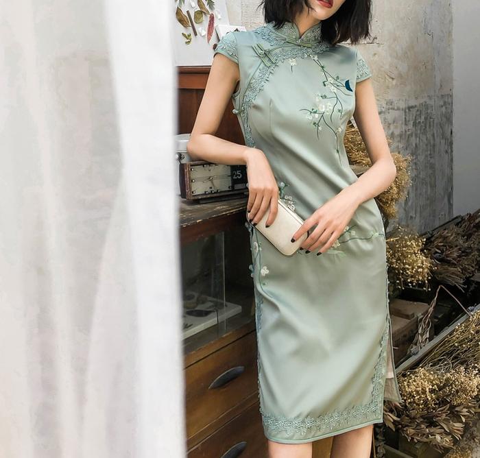 Embroidered Satin Cheongsam Dress