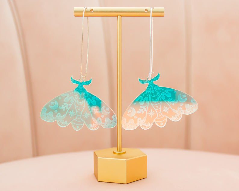 iridescent dangle moth acrylic earrings
