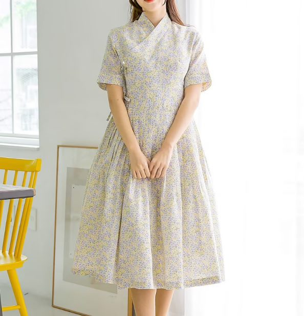 short sleeve floral hanbok dress