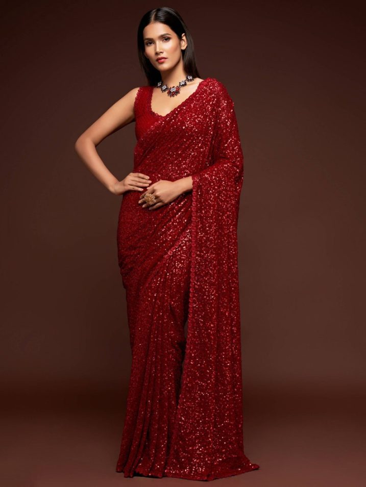 red georgette silk sequin saree // DesignerLehengaCholi