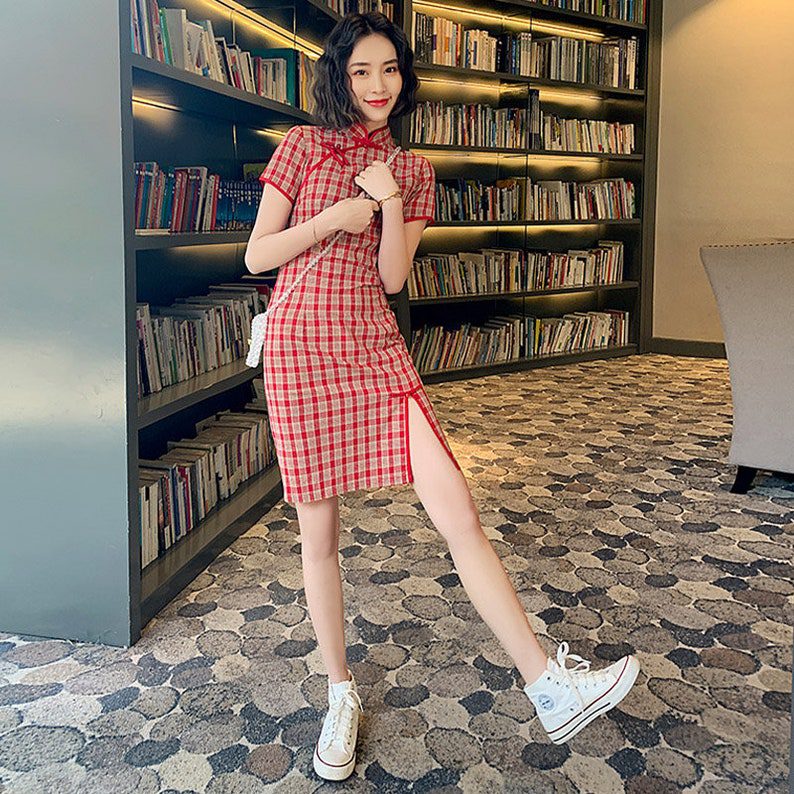 mod cheongsam plaid dress // ChineseArtCharm