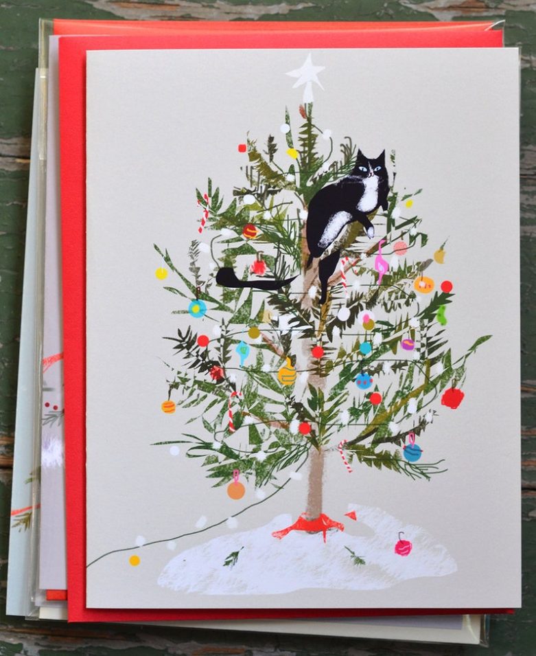 cat in christmas tree card