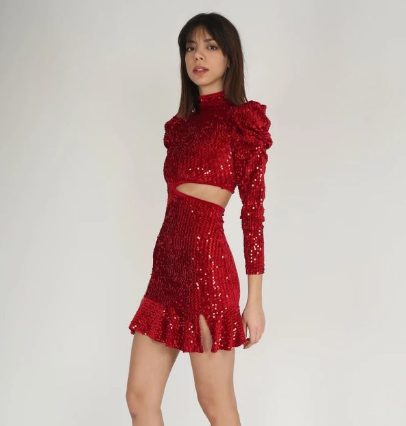 puffy shoulder red sequin dress // AyhillDress