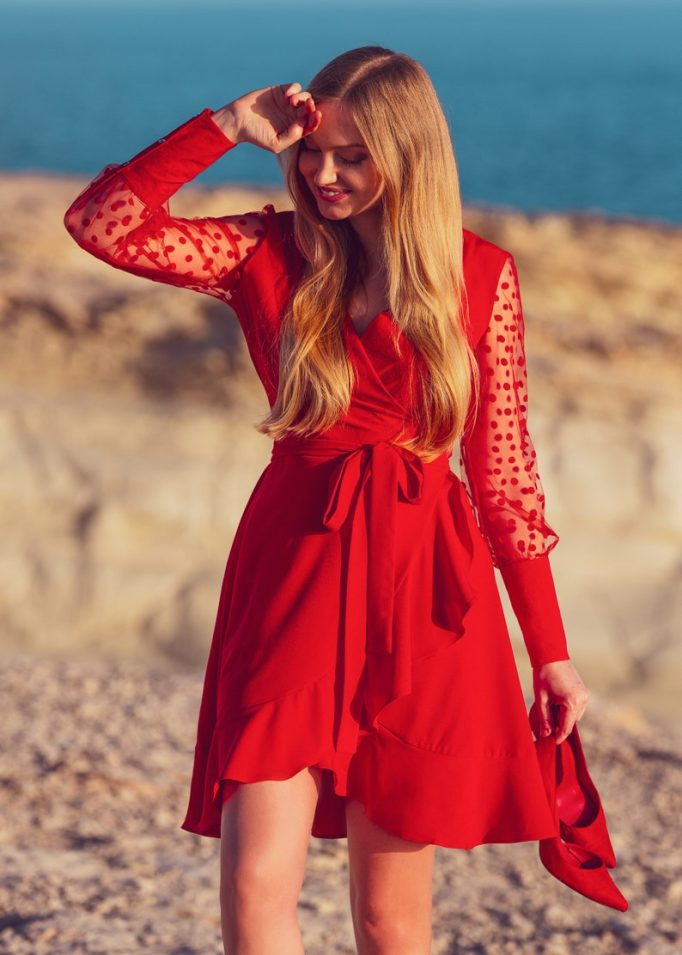 sheer sleeve red wrap dress // ENMEstyle