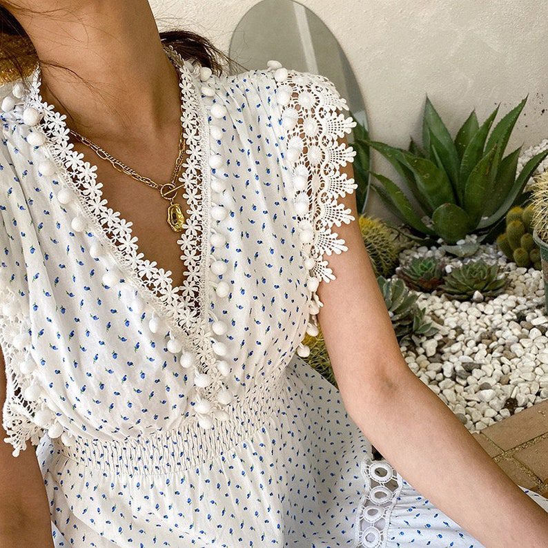 v-neck pom pom floral detail cotton white dress