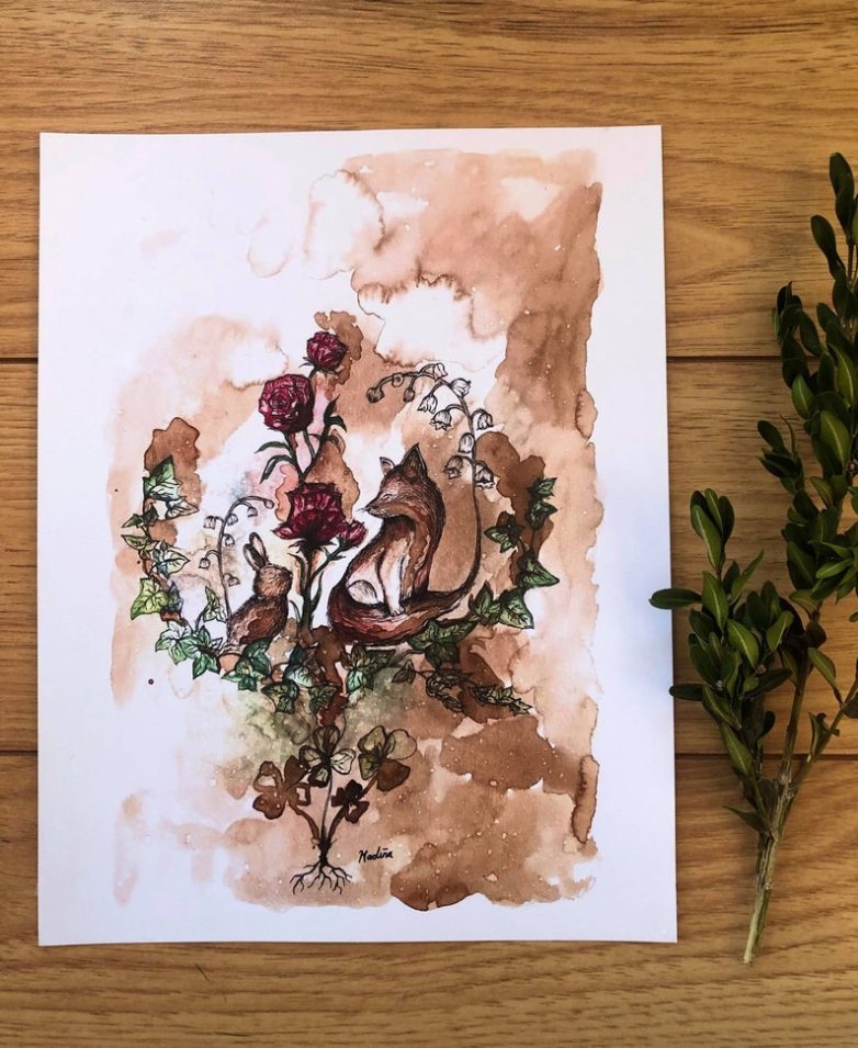 Whimsical rabbit and fox 8"x10.5" Coffee Painting Print