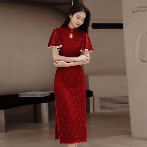 red lace cheongsam with flutter sleeves // OrientIn