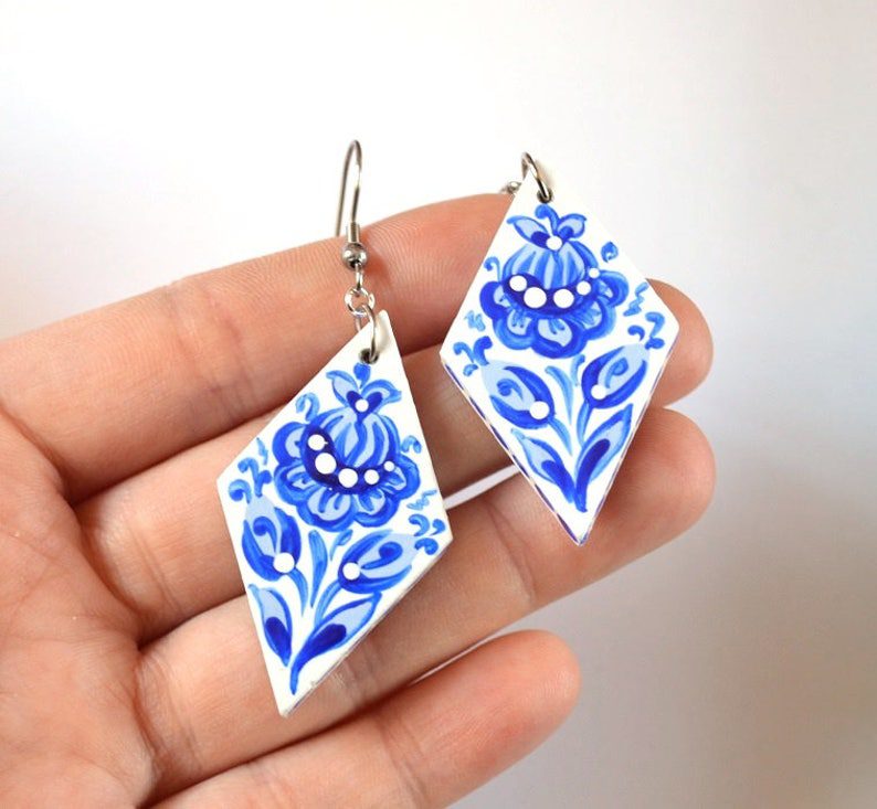 rhombic blue pattern statement earrings