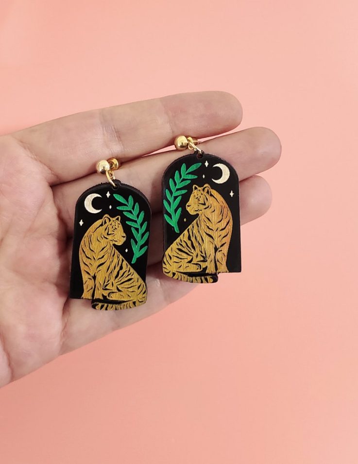 wooden tiger drop earrings // UsingShapes