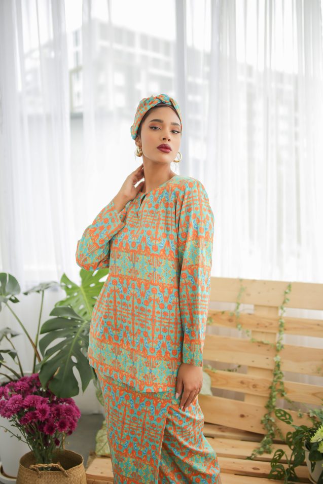 blue orange print baju raya set