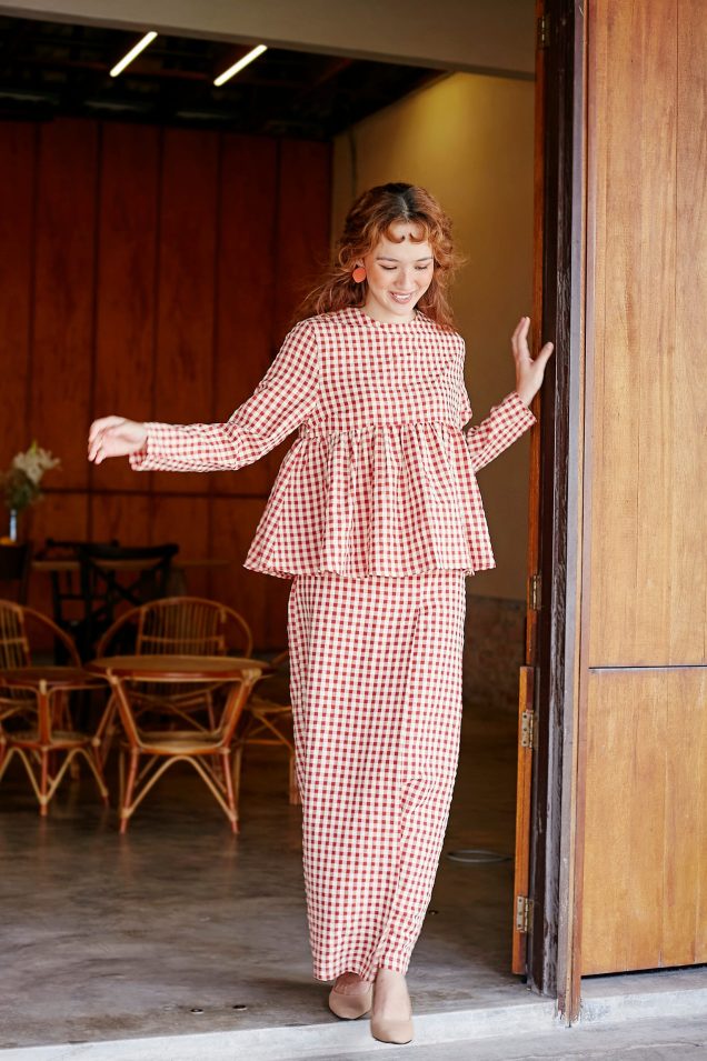 gingham red ruffle hem blouse mix and match