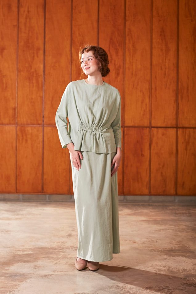 green ruched waist blouse mix and match set