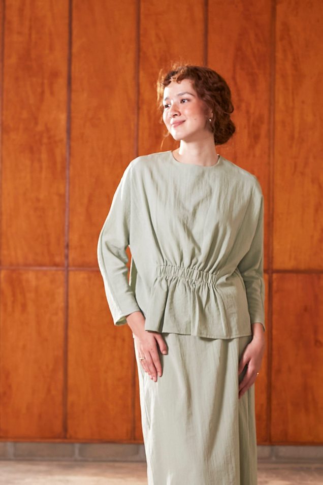 green ruched waist blouse mix and match set