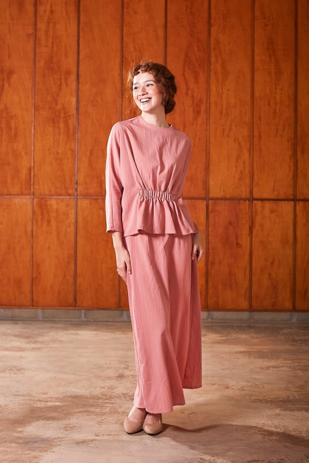 pink ruched waist blouse + pink straight cut minimalist skirt