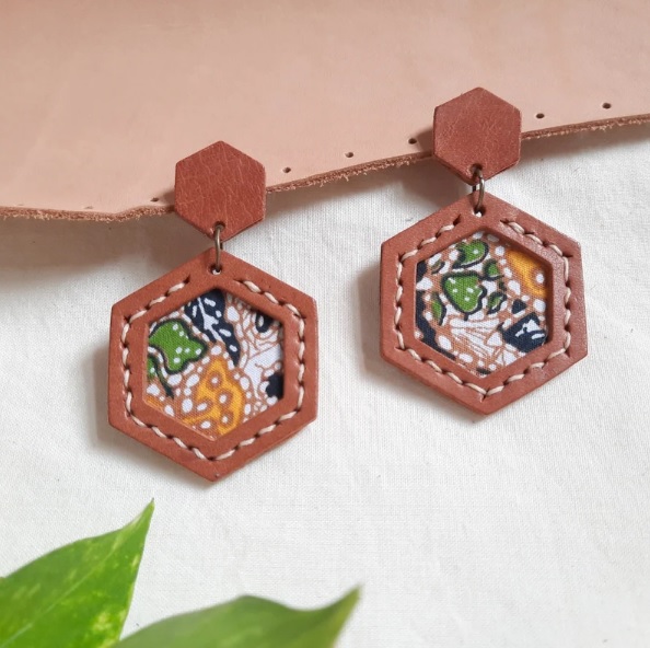 leather batik hexagon style earrings