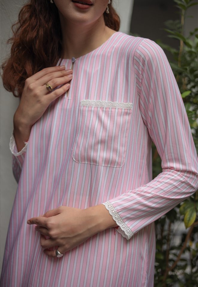 pink stripe lace detail kurung