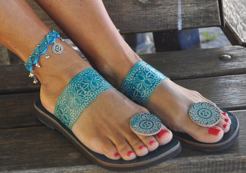 turquoise khadau style leather summer sandals