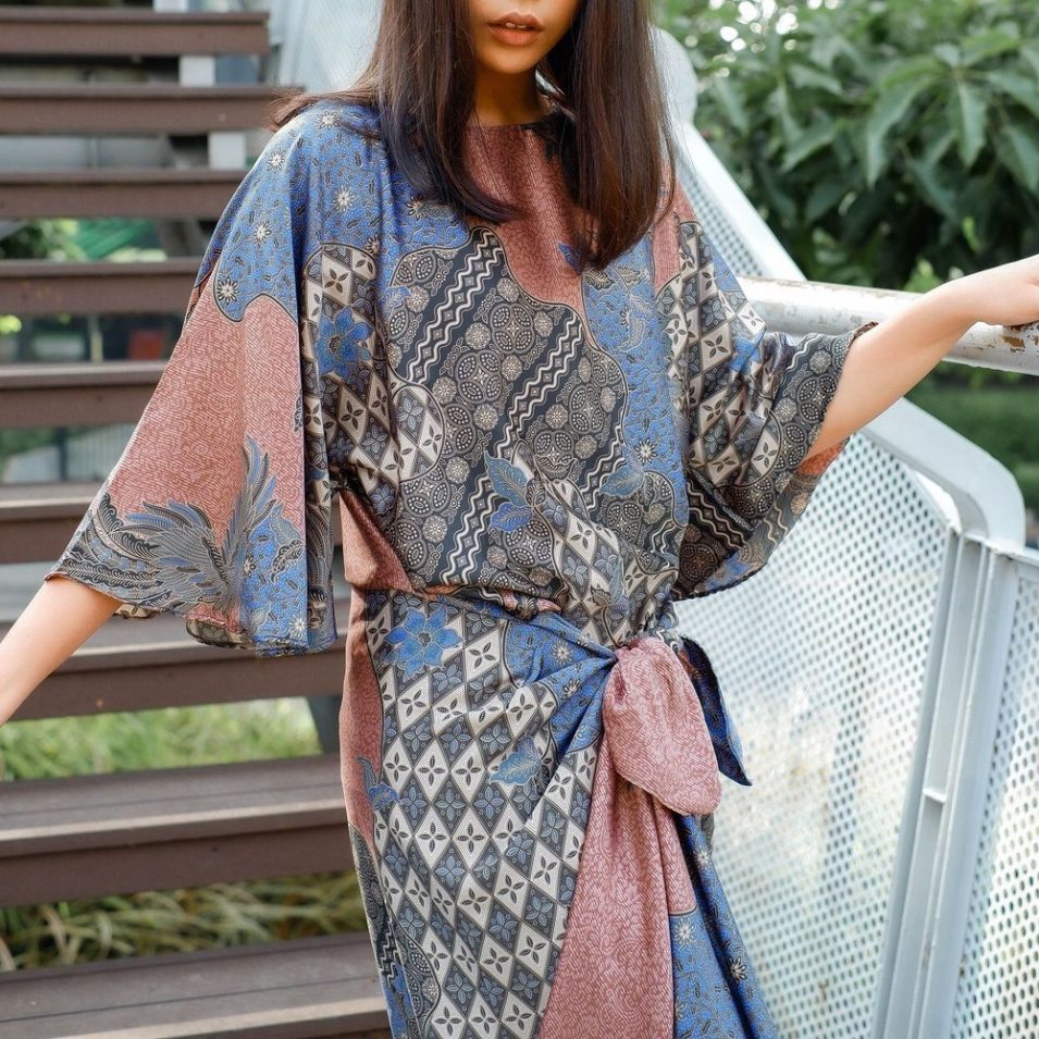 blue batik pareo satin kaftan style dress