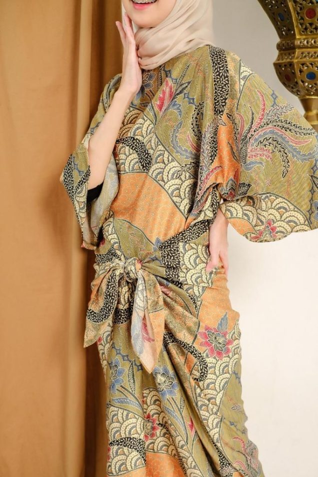 sage batik wrap pareo satin kaftan dress