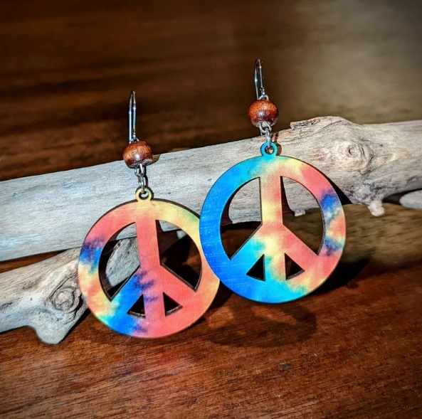 tie dye wood peace earrings // MoonshineMelora