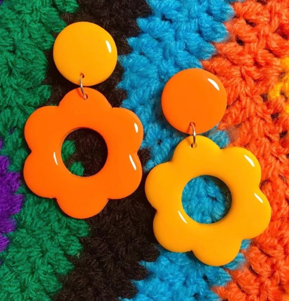 Peace Beaded Earrings 60s 70s Style - Hot Pink Orange & Lime - Hippie Drop Earrings