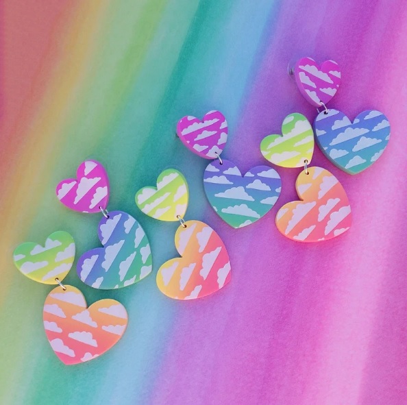 ombre rainbow heart cloud print earrings