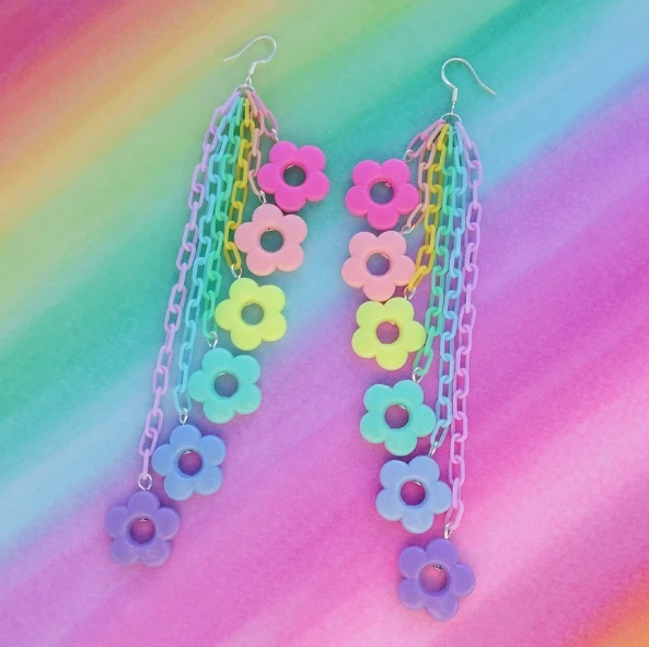 rainbow floral chain dangle earrings