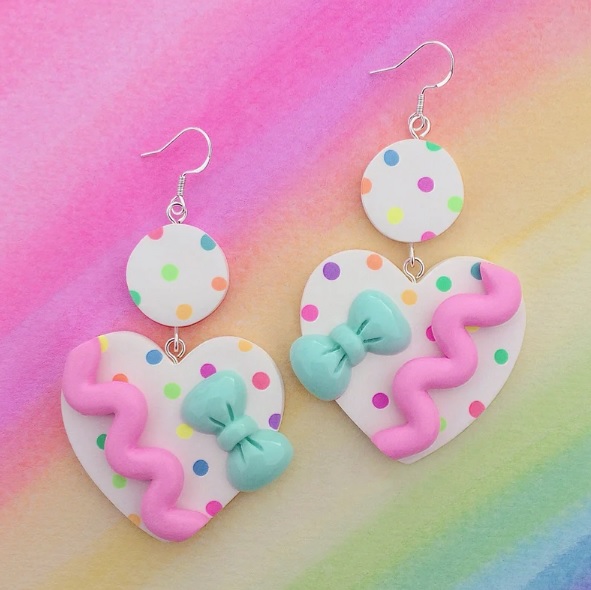 rainbow polka dot heart and ribbon clay earrings