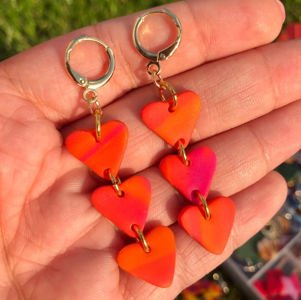 triple heart dangle orange earrings // TallyhoDesignsStore