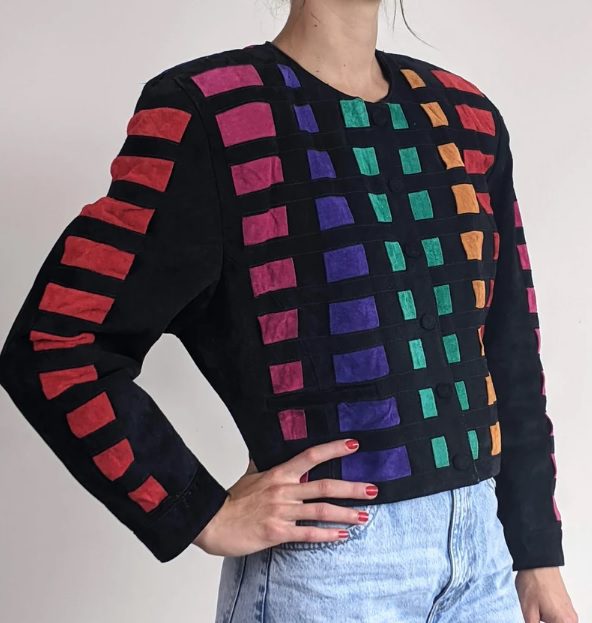 80s leather suede rainbow color block crop top/jacket // TheUglyJumperClub
