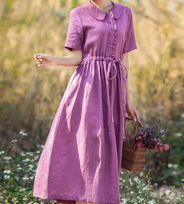 purple midi linen fit and flare dress