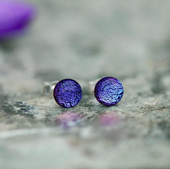 shiny purple fused glass stud earrings // MereGlassJewellery