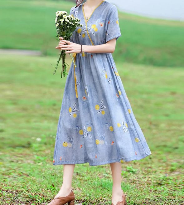 short sleeve summer linen midi dress