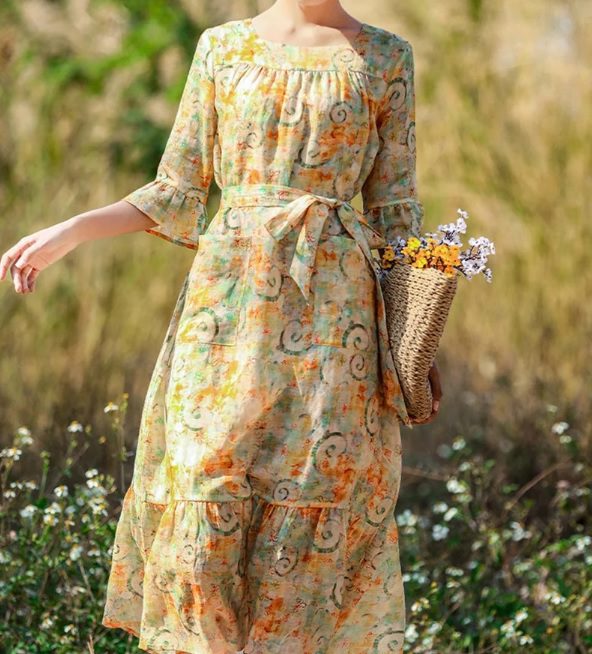 yellow floral fit and flare ramie dress