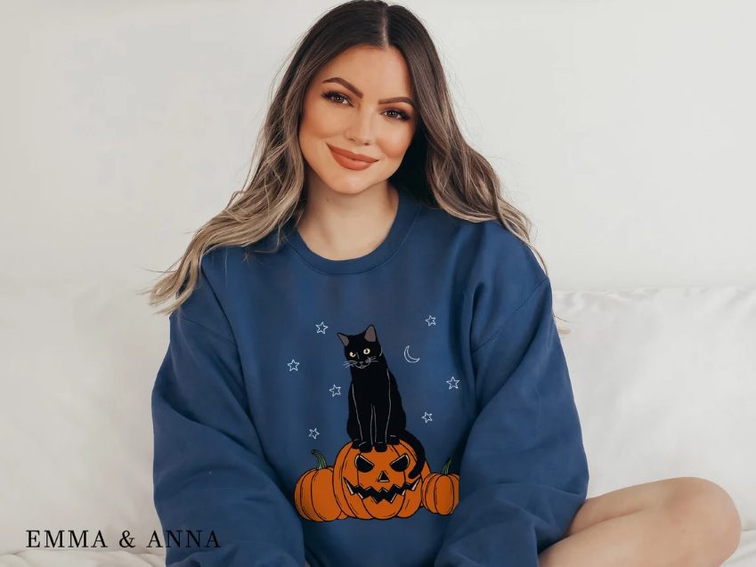 cat on pumpkin sweater // EmmaandAnnaApparel