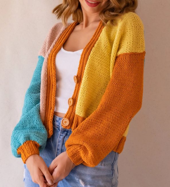 Colorful Chunky Knit Cropped Cardigan - Retro, Indie and Unique Fashion