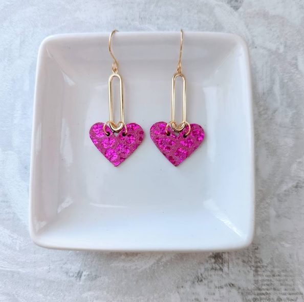 sparkly hot pink heart earrings // StitchaStoryDesigns