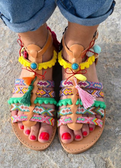 ankle strap colorful boho fringe sandals