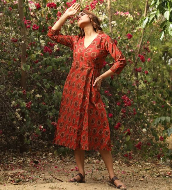 paisley wrap red cotton dress // ManiniClothing