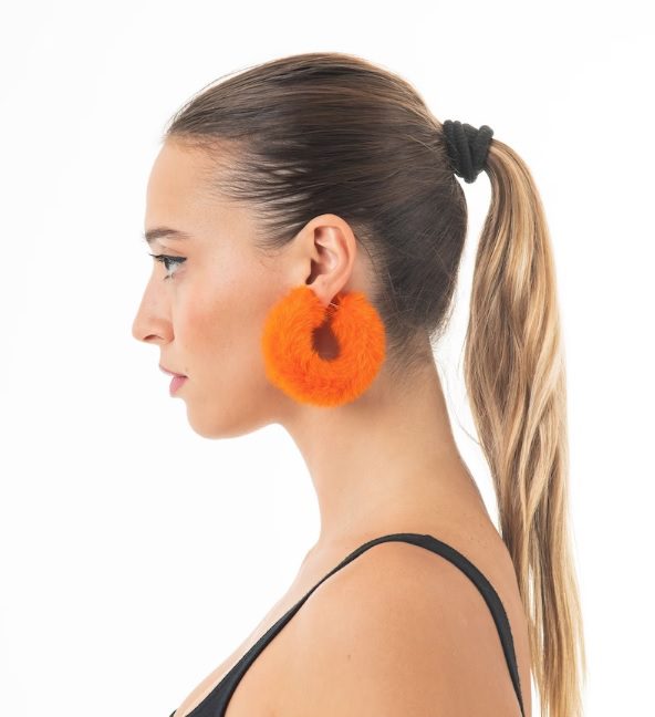 bright orange fur hoop earrings // QLeathercom