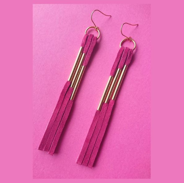 shoulder duster hot pink suede fringe earrings // WooHooLeatherJewels