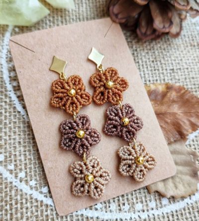triple floral macrame long earrings // ReychelArtMacrame